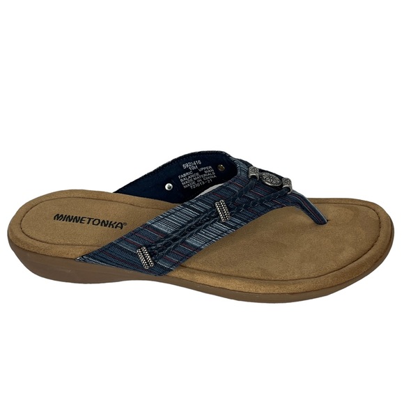 Minnetonka Blue Silverthorne Thong Slide Fabric And Leather Sandals Size 10M - Picture 9 of 14